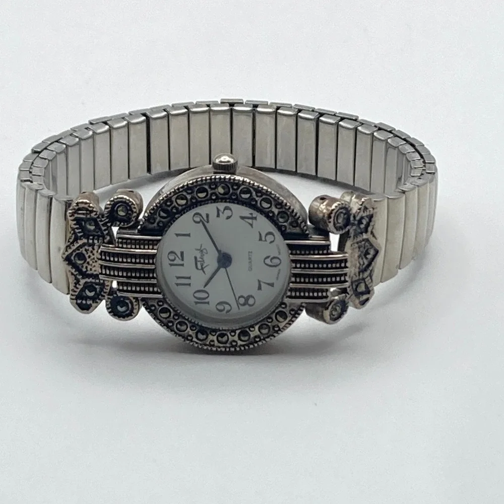 Vtg Faberge Womens Marcasite Watch 26mm Silver Tone Stretch Band New Battery
